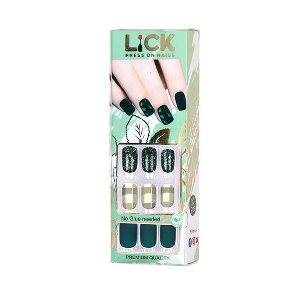 LiCK Emerald Green French Manicure Square Shape Artificial Acrylic Press On Nails