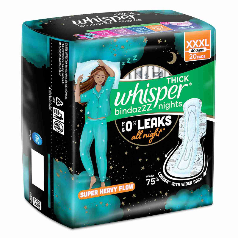 Whisper Bindazzz Nights 20 XXXL Sanitary Pads, Upto 0% Leaks All Night Long