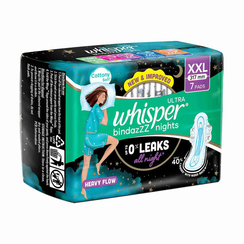 Whisper Bindazzz Nights 7 XXL Sanitary Pads, Upto 0% Leaks All Night Long