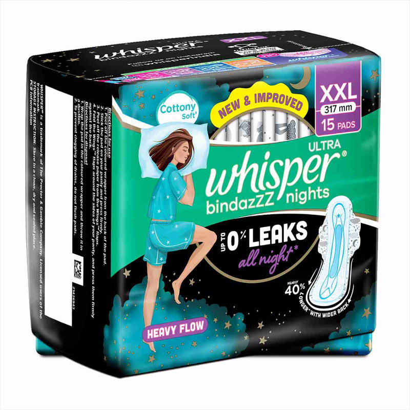 Whisper Bindazzz Nights 15 XXL Sanitary Pads, Upto 0% Leaks All Night Long
