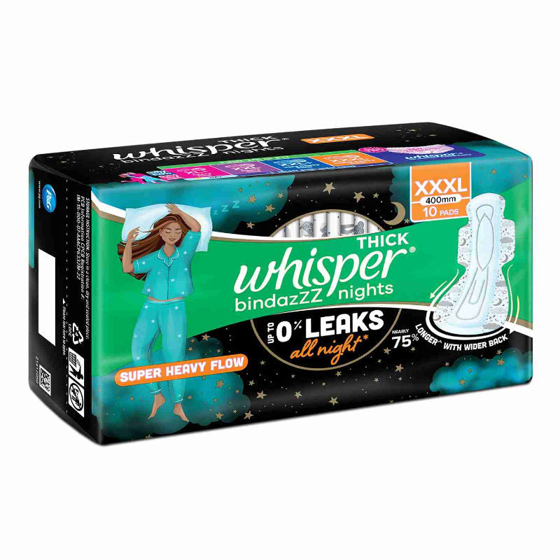 Whisper Bindazzz Nights 10 XXXL Sanitary Pads, Upto 0% Leaks All Night Long
