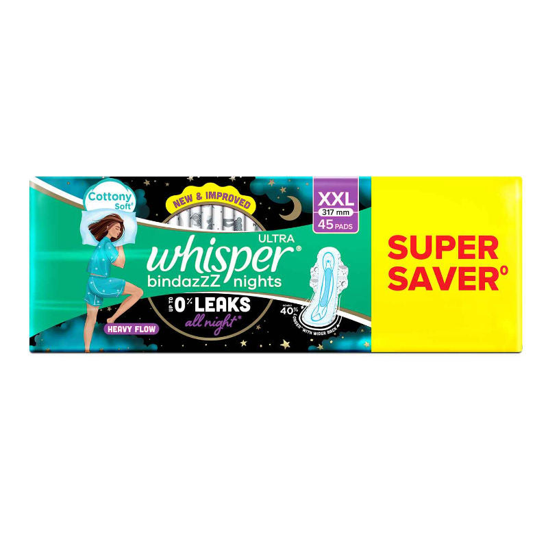 Whisper Bindazzz Nights 45 XXL Sanitary Pads, Upto 0% Leaks All Night Long
