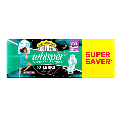 Whisper Bindazzz Nights 45 XXL Sanitary Pads, Upto 0% Leaks All Night Long