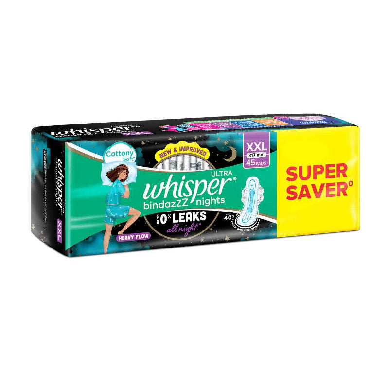 Whisper Bindazzz Nights 45 XXL Sanitary Pads, Upto 0% Leaks All Night Long