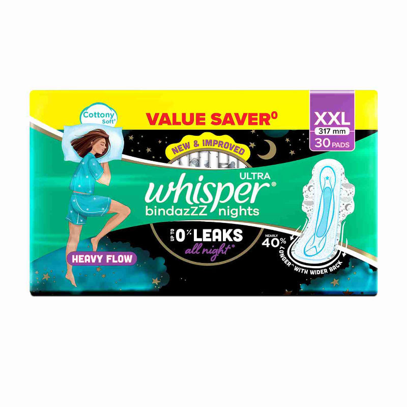 Whisper Bindazzz Nights 30 XXL Sanitary Pads, Upto 0% Leaks All Night Long