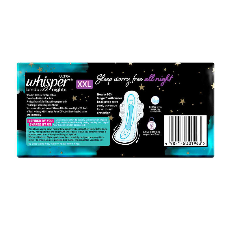 Whisper Bindazzz Nights 30 XXL Sanitary Pads, Upto 0% Leaks All Night Long