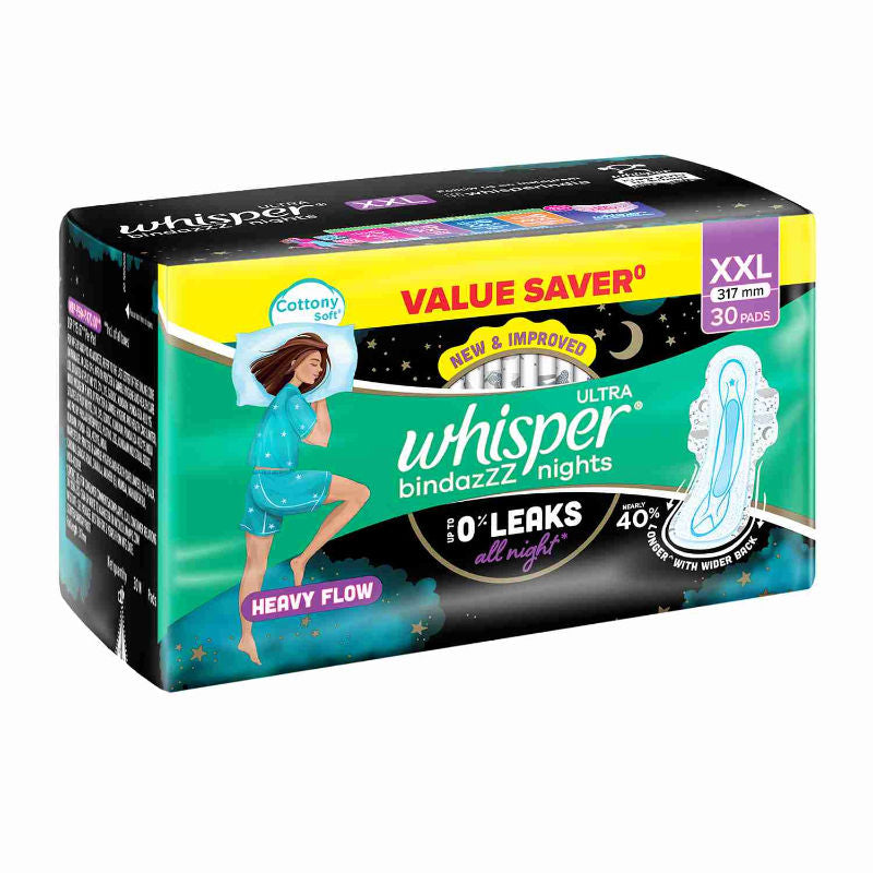 Whisper Bindazzz Nights 30 XXL Sanitary Pads, Upto 0% Leaks All Night Long