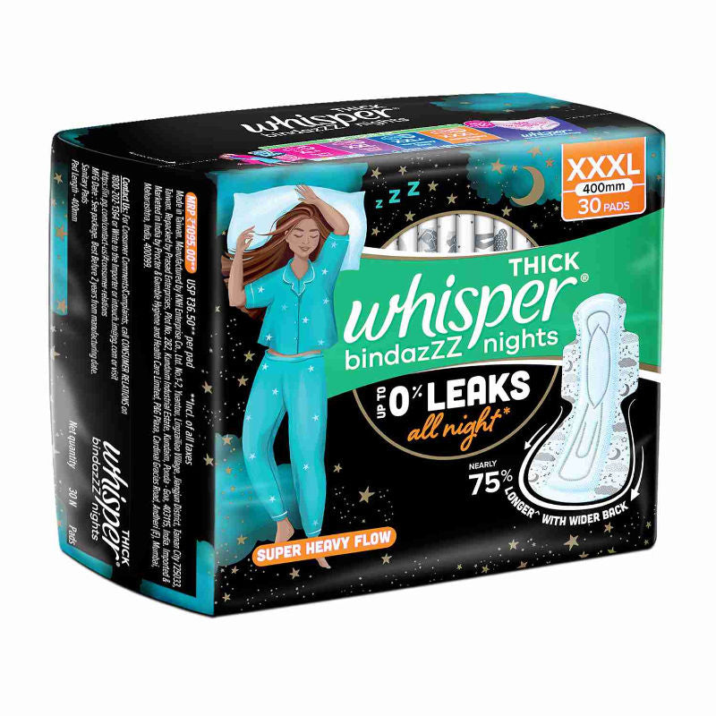 Whisper Bindazzz Nights 30 XXXL Sanitary Pads, Upto 0% Leaks All Night Long