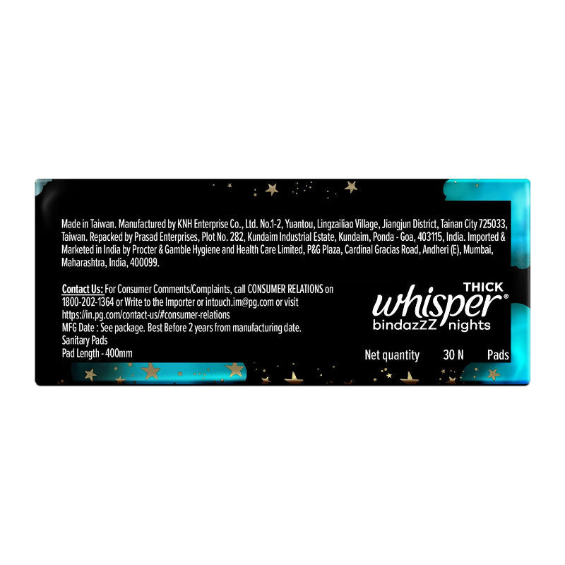 Whisper Bindazzz Nights 30 XXXL Sanitary Pads, Upto 0% Leaks All Night Long