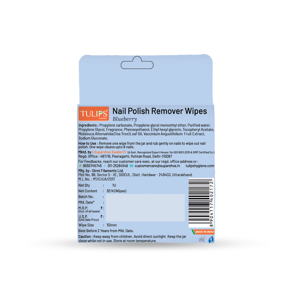 Tulips Nail Polish Remover Wipes With Blueberry Fruit Extracts & Tea Tree oil