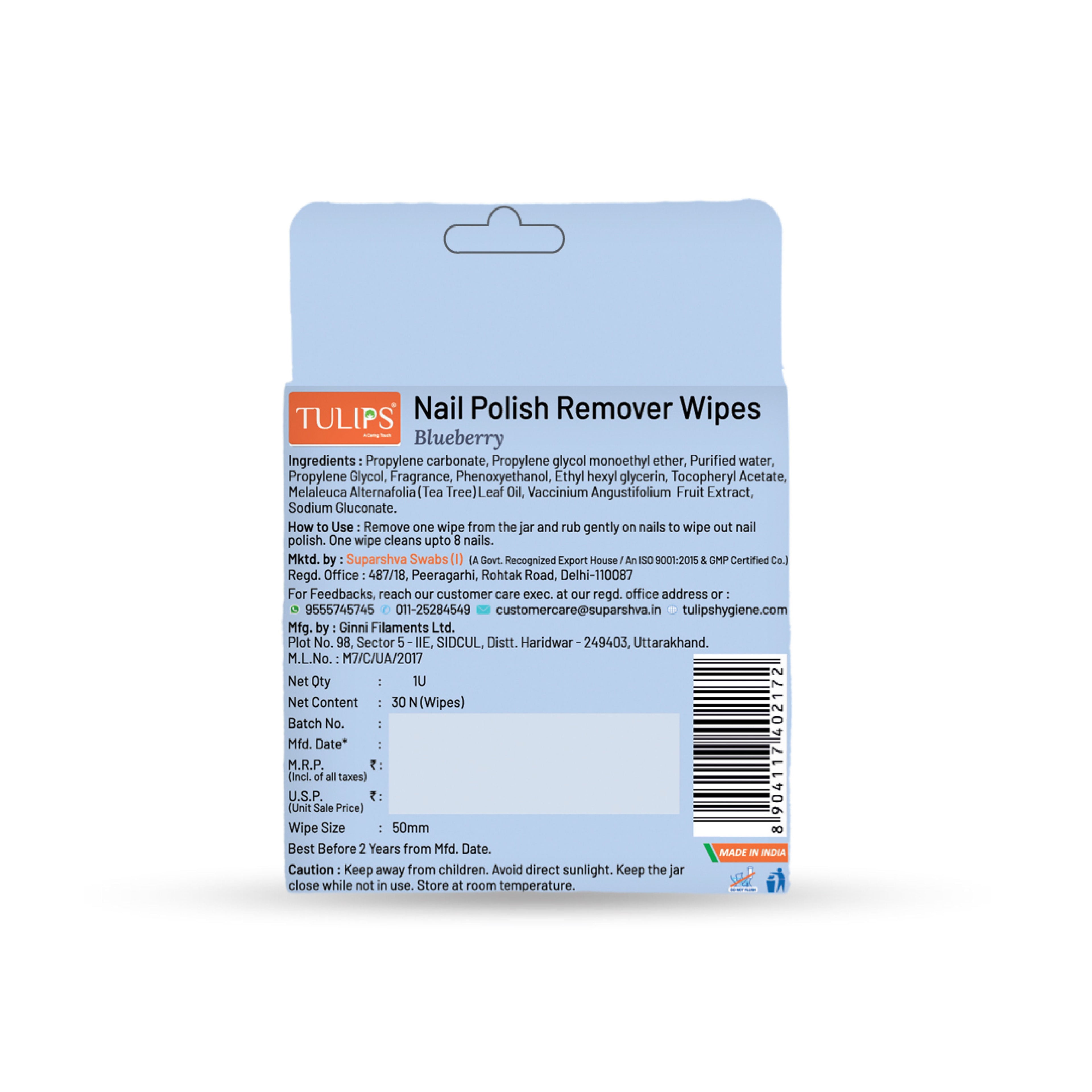 Tulips Nail Polish Remover Wipes With Blueberry Fruit Extracts & Tea Tree oil