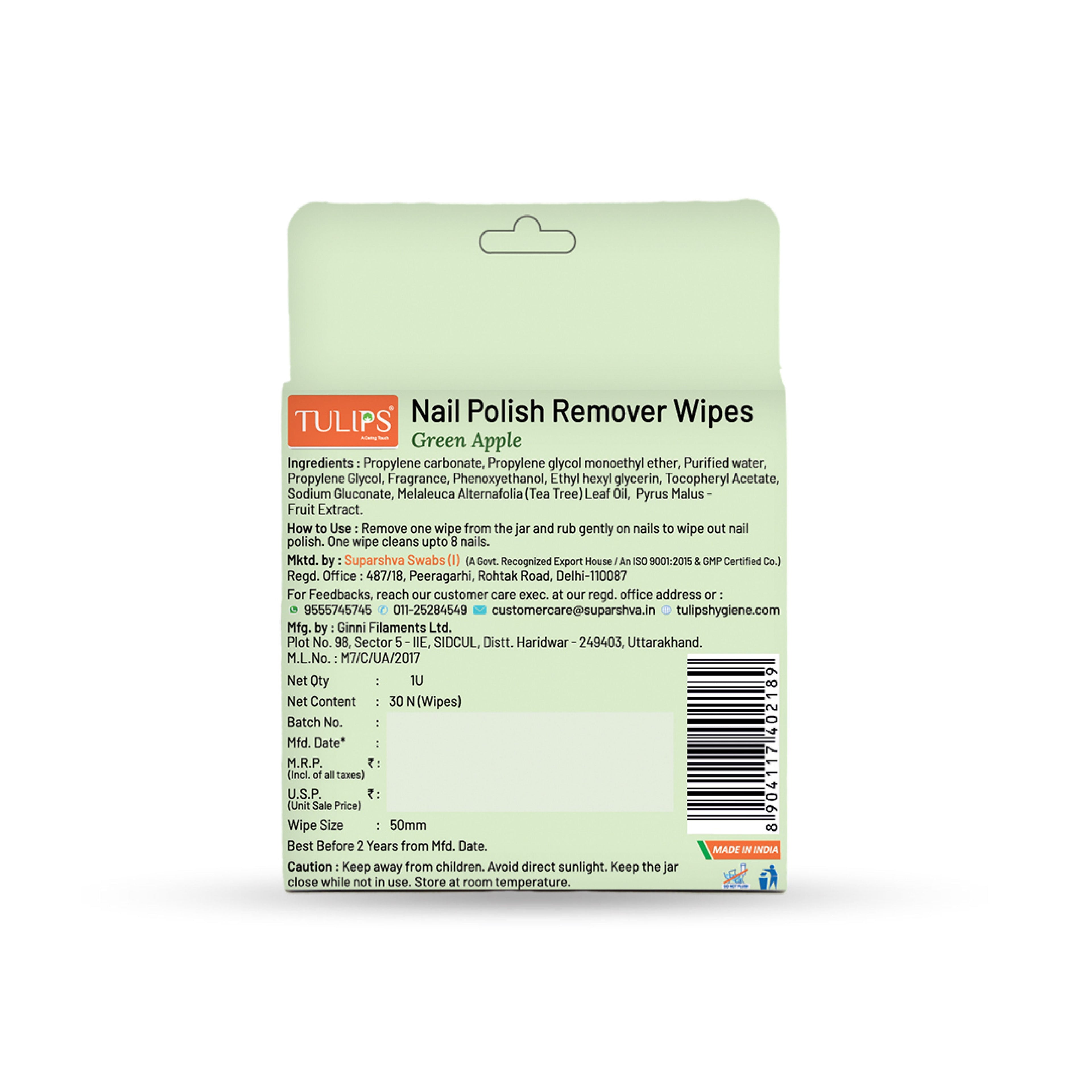 Tulips Nail Polish Remover Wipes With Green Apple Extracts & Tea Tree Oil