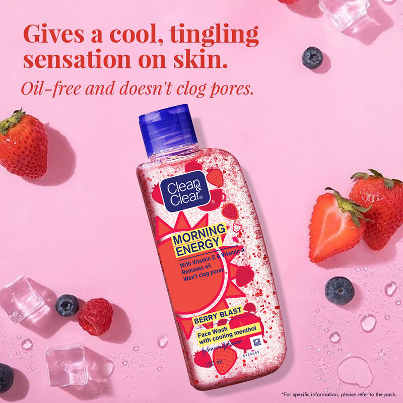 Clean & Clear Morning Energy Berry Blast Face Wash - Gentle Cleanser with Menthol for Oily Skin
