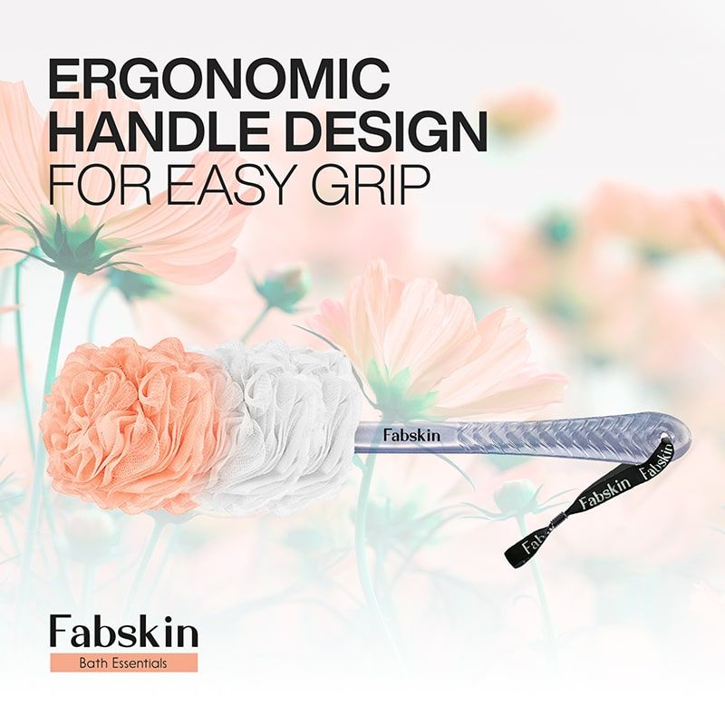Fabskin Loofah Duo Pack- Bath Brush With Long Handle & Round Loofah- For Men & Women- Peach & White