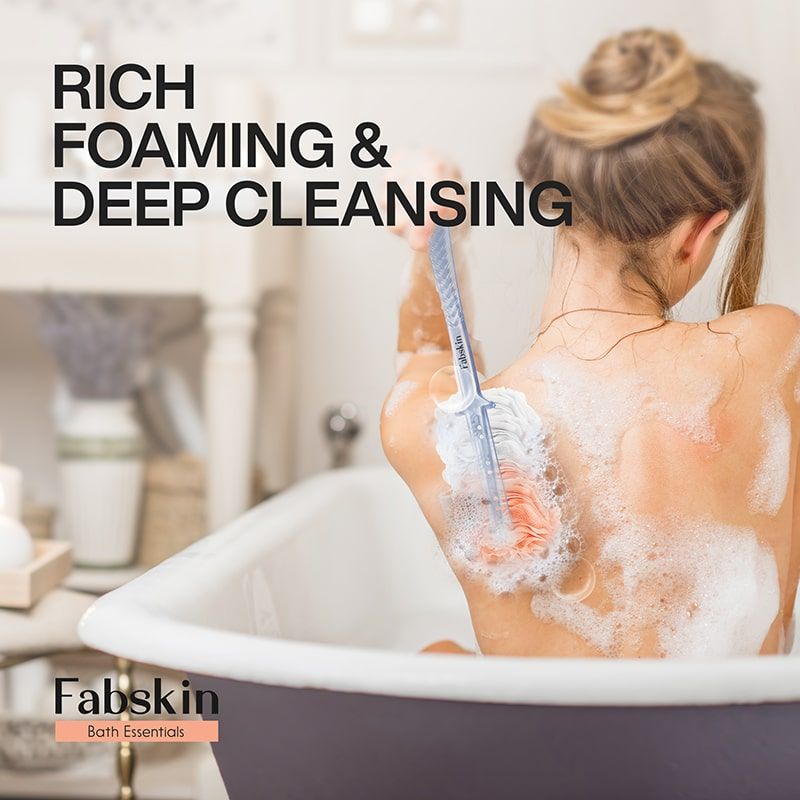 Fabskin Loofah Duo Pack- Bath Brush With Long Handle & Round Loofah- For Men & Women- Peach & White