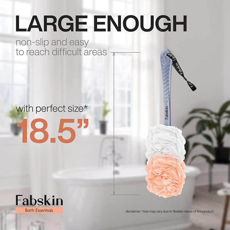 Fabskin Loofah Duo Pack- Bath Brush With Long Handle & Round Loofah- For Men & Women- Peach & White