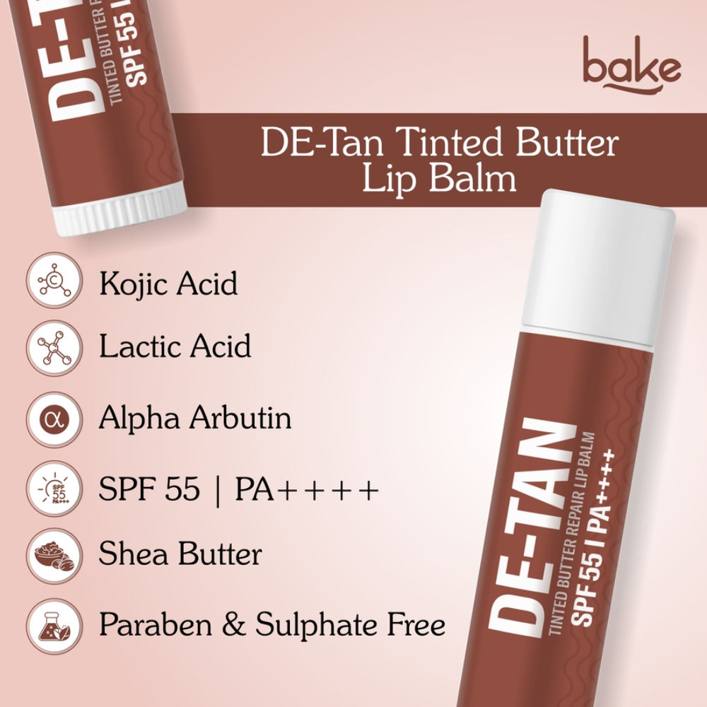 BAKE De-Tan Tinted Butter Lip Balm SPF 55PA++++with Kojic Acid For Tanned, Dark & Pigmented Lips