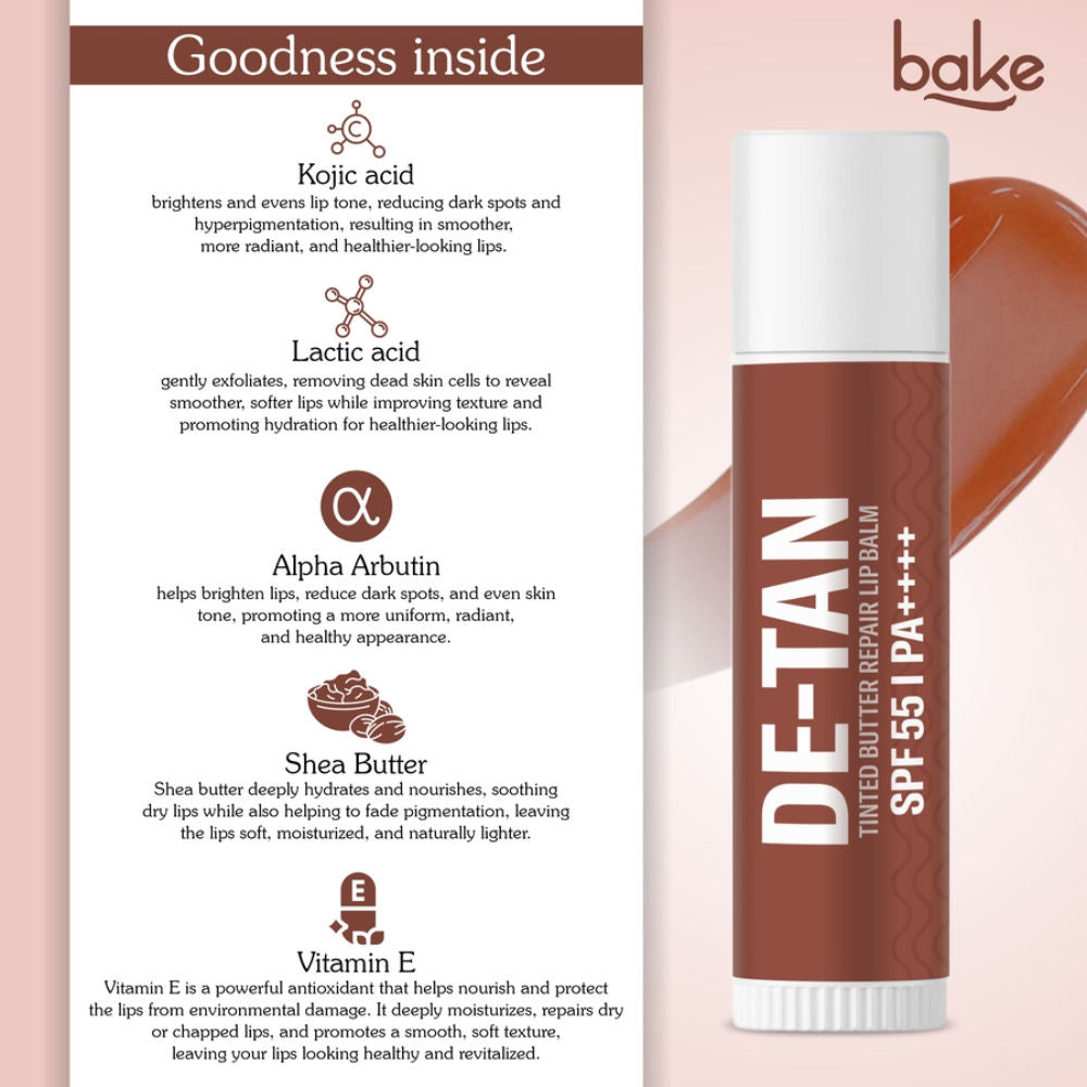 BAKE De-Tan Tinted Butter Lip Balm SPF 55PA++++with Kojic Acid For Tanned, Dark & Pigmented Lips