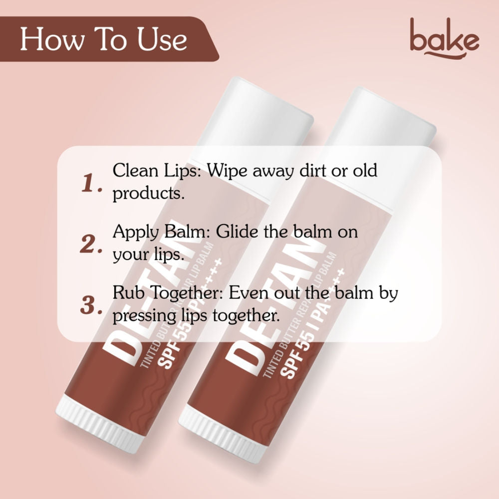 BAKE De-Tan Tinted Butter Lip Balm SPF 55PA++++with Kojic Acid For Tanned, Dark & Pigmented Lips