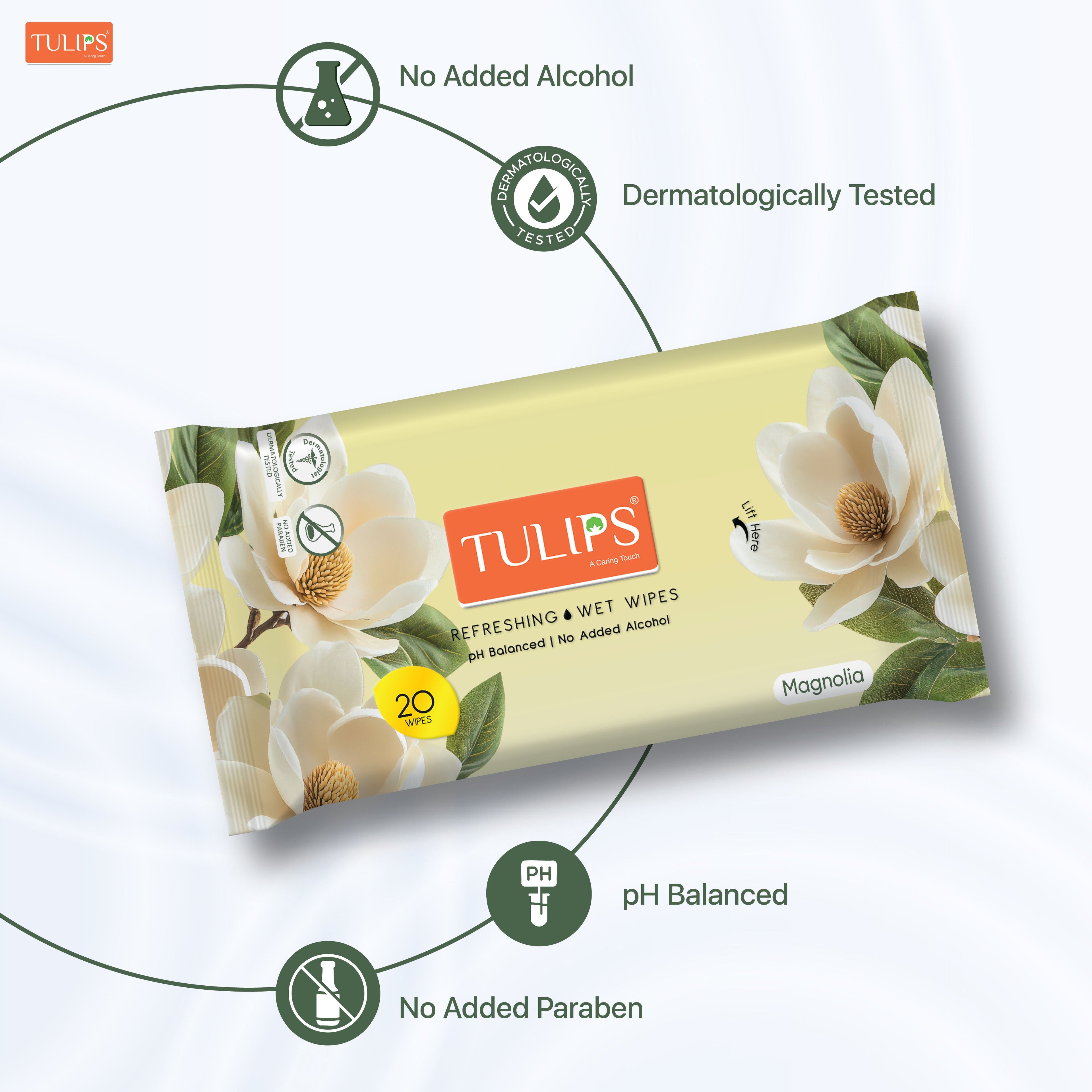 Tulips Refreshing, Daily Face Cleaning Wet Wipes Magnolia Fragrance