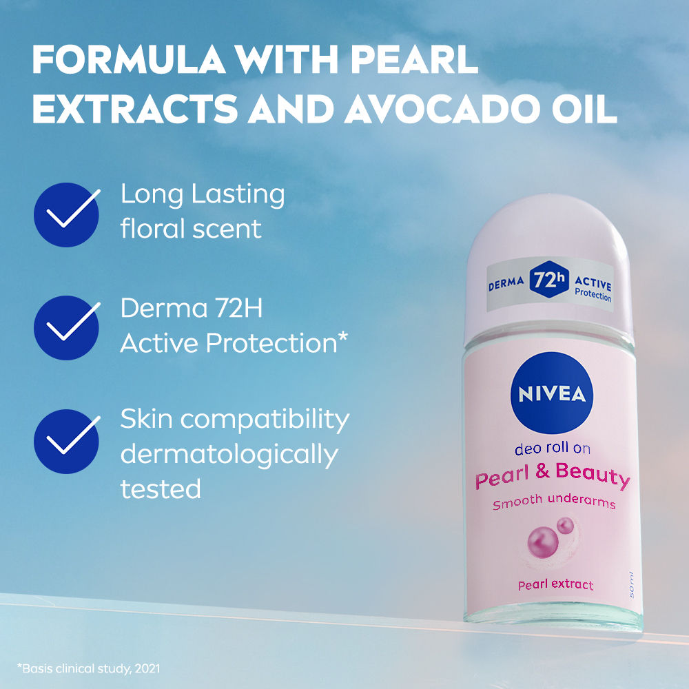 NIVEA 72H Active Protection With Pearl Extract Deo Underarm Roll On - Smooth Skin, Odor Protection