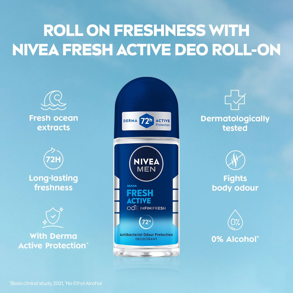 NIVEA MEN Deodorant Roll On, Fresh Active, 48h Long lasting Freshness