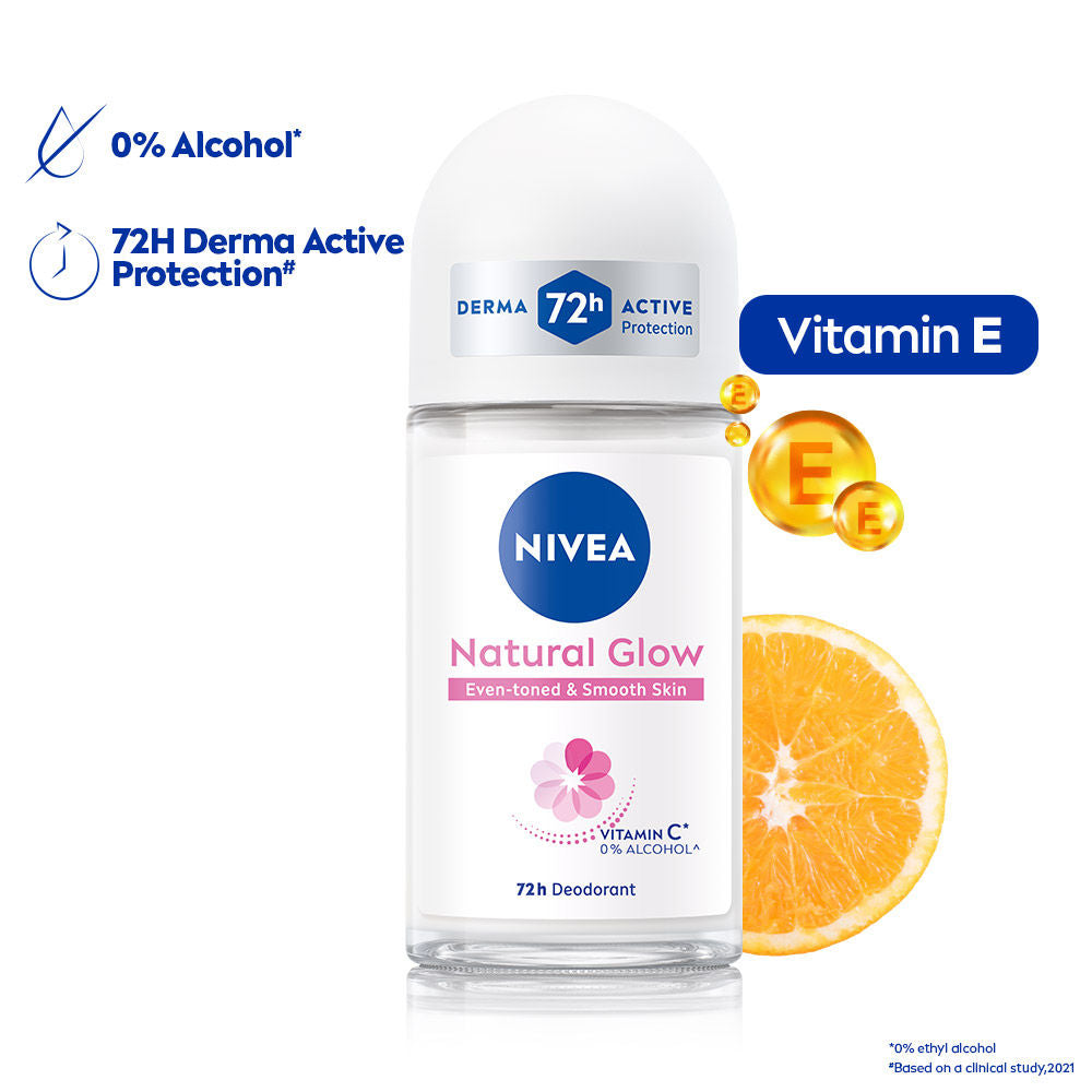 NIVEA Natural Glow Even Toned Vit C & 0% Alcohol Deo Underarm Roll On 72Hr Active Protection