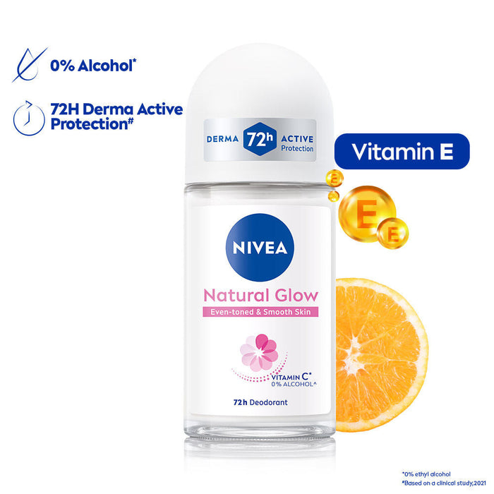 NIVEA Natural Glow Even Toned Vit C & 0% Alcohol Deo Underarm Roll On 72Hr Active Protection