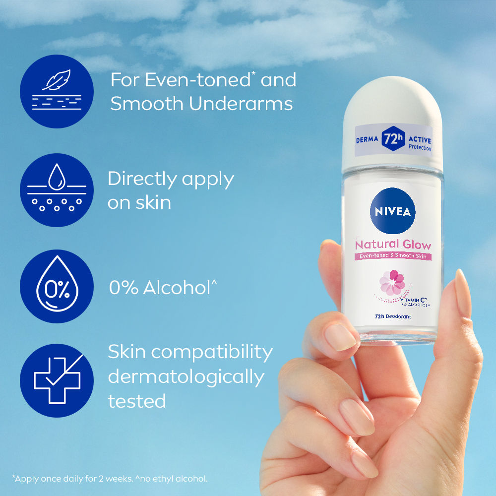 NIVEA Natural Glow Even Toned Vit C & 0% Alcohol Deo Underarm Roll On 72Hr Active Protection