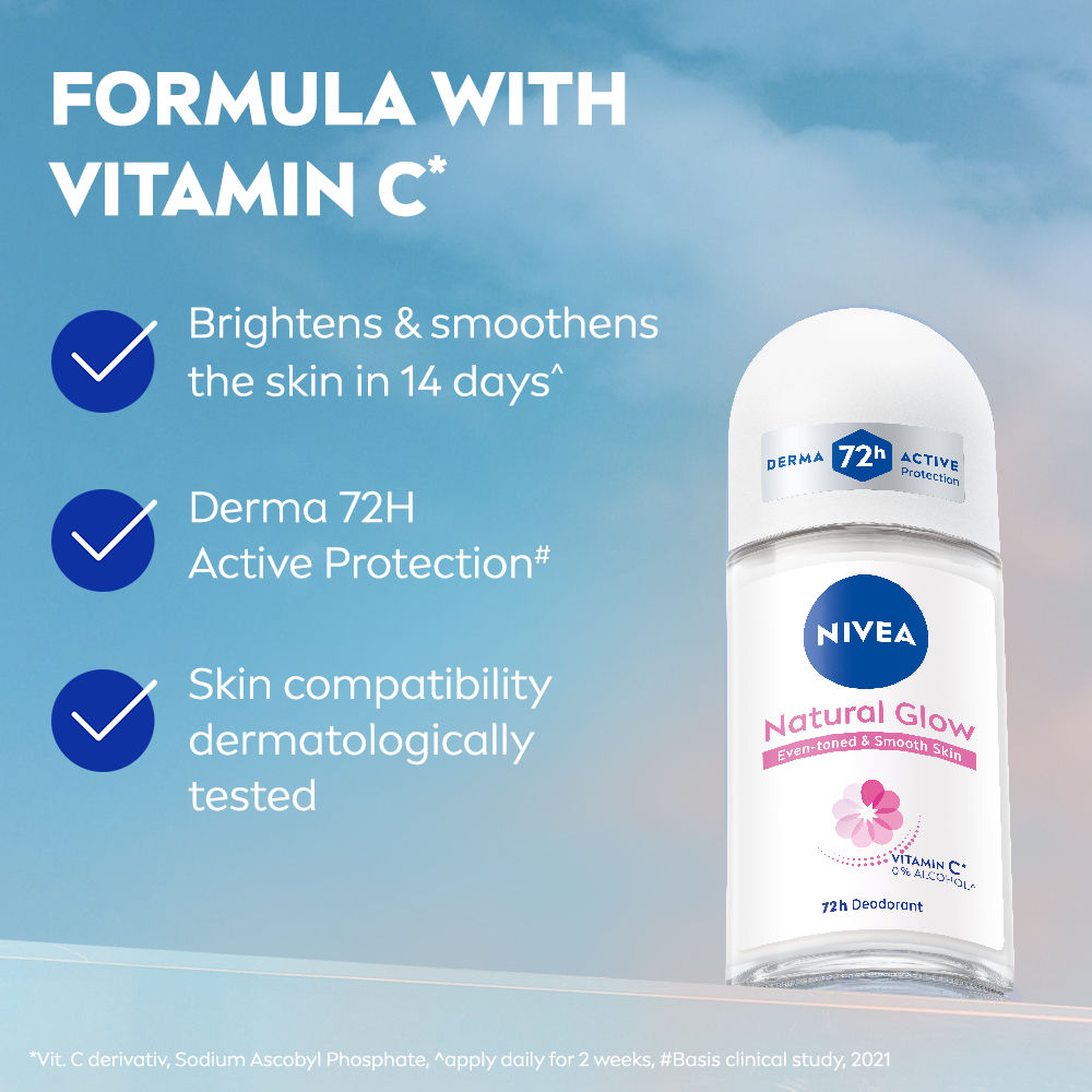 NIVEA Natural Glow Even Toned Vit C & 0% Alcohol Deo Underarm Roll On 72Hr Active Protection