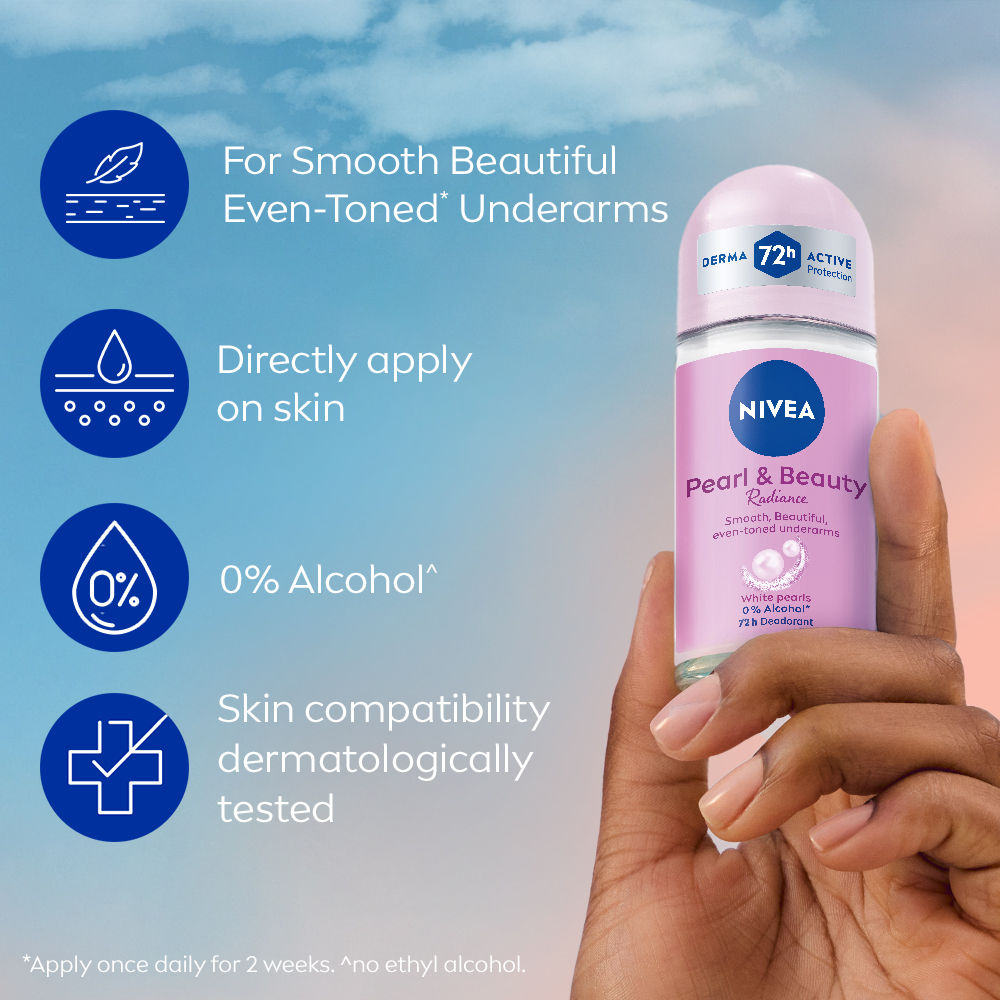 NIVEA Pearl & Beauty Radiance Deo Roll On For Women- 72H Odor Protection- 0% Alcohol