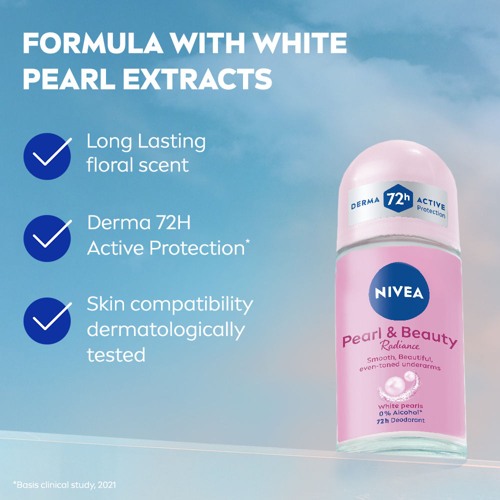 NIVEA Pearl & Beauty Radiance Deo Roll On For Women- 72H Odor Protection- 0% Alcohol