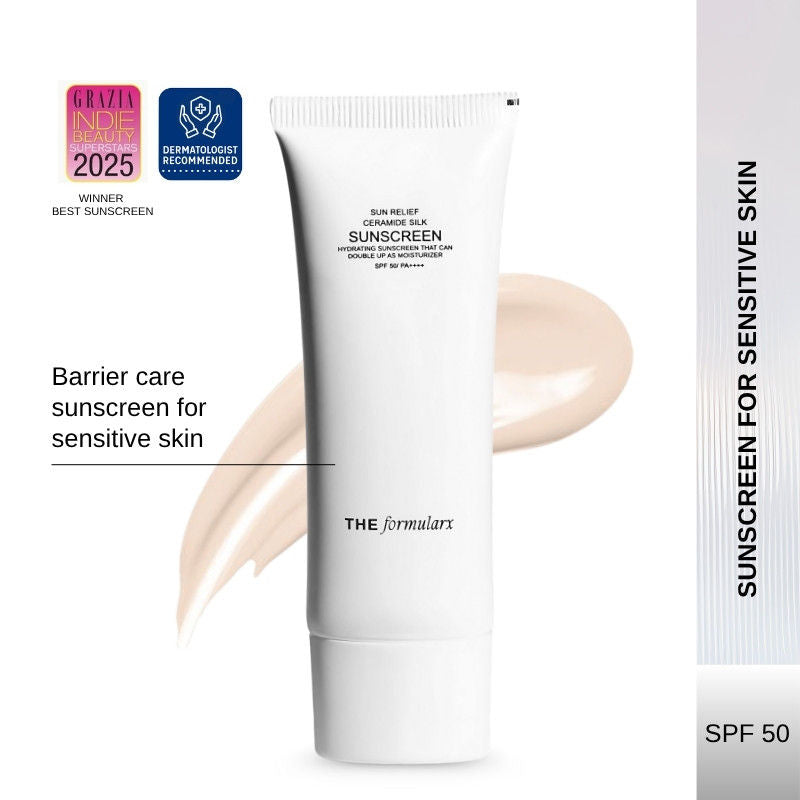 The Formularx Sun Relief Ceramide Silk Sunscreen Spf 50 Pa++++ With Niacinamide & Peptide
