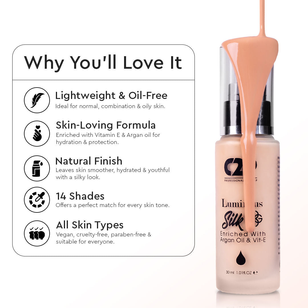 C2p Pro Luminous Silk High Coverage Liquid Foundation For Face Makeup