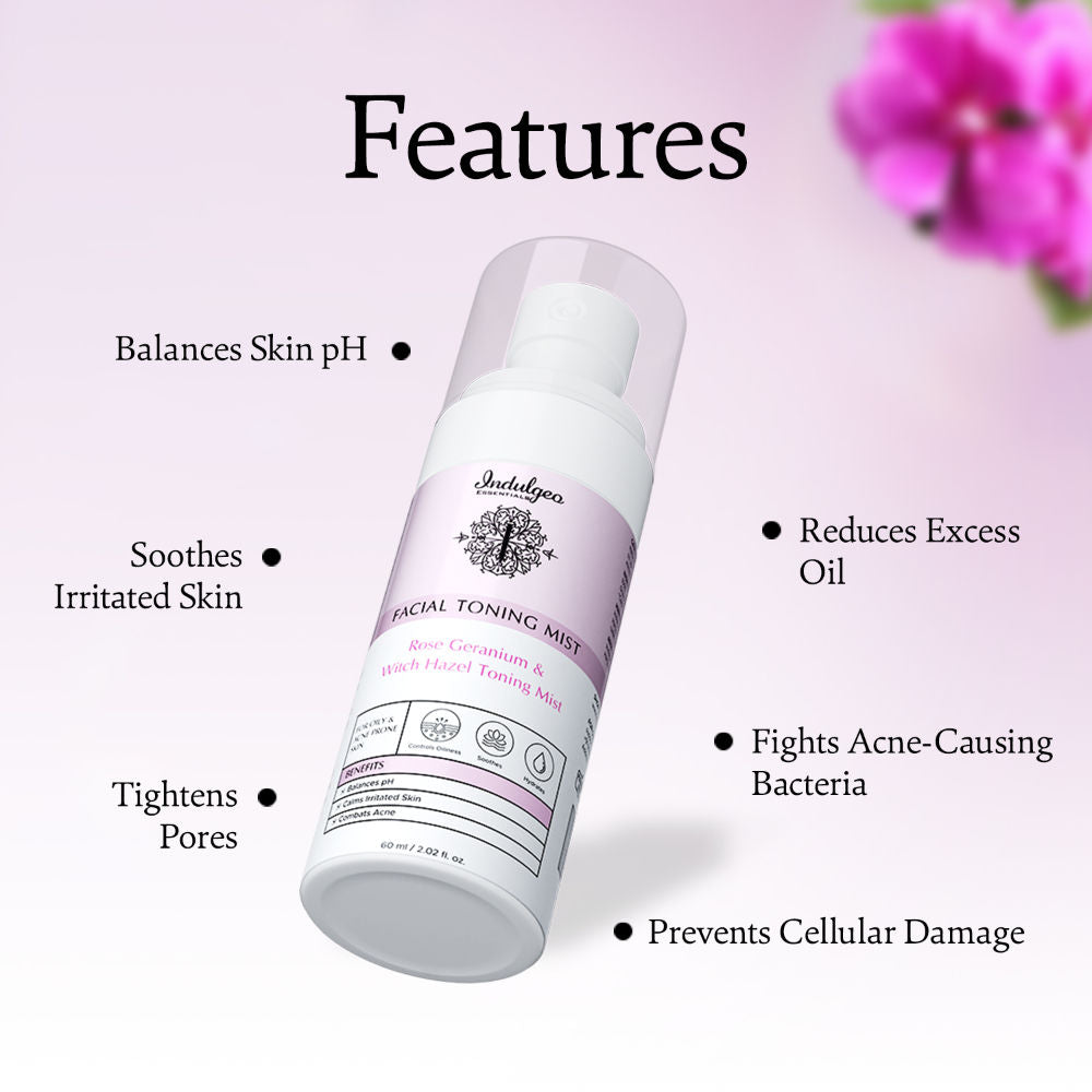 Indulgeo Essentials Rose Geranium Witch Hazel Toning Mist/Toner For Oily Acne Prone Skin
