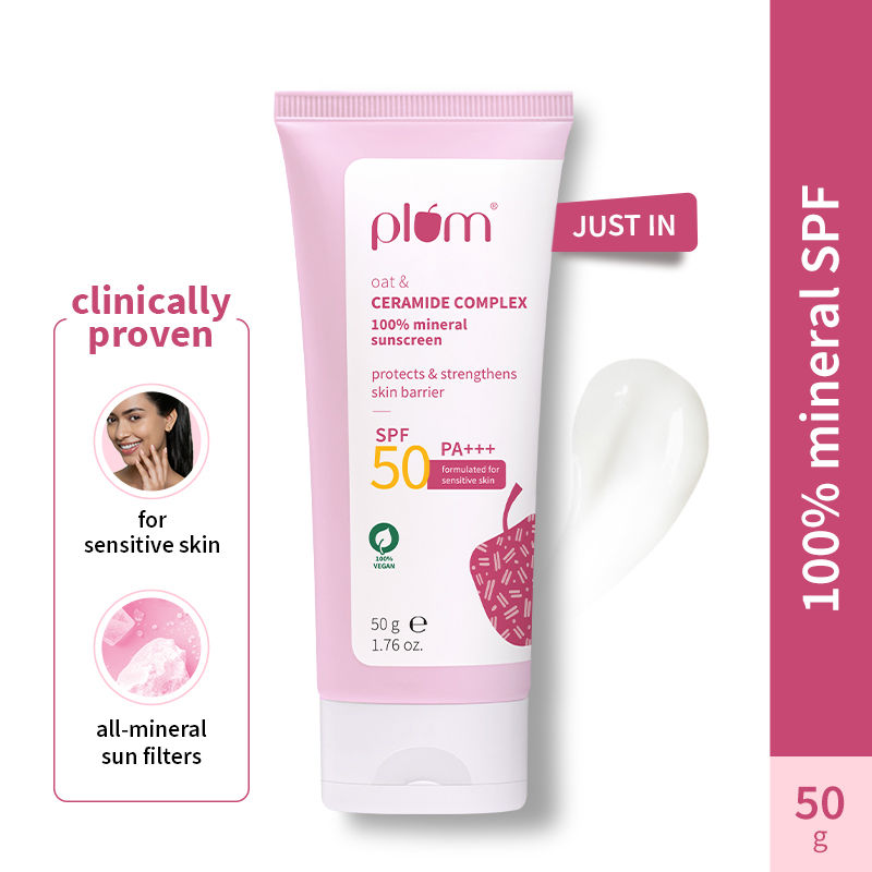 Plum Ceramide & Oat Mineral Sunscreen SPF 50 PA+++ Protects Skin Barrier, For Dry ToNormalSkin