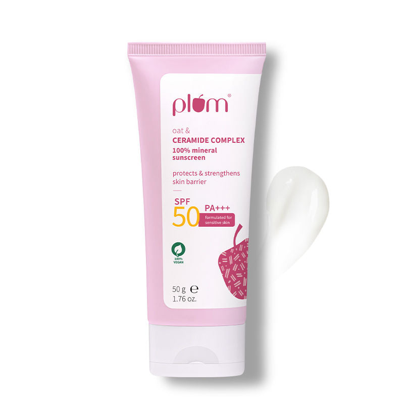 Plum Ceramide & Oat Mineral Sunscreen SPF 50 PA+++ Protects Skin Barrier, For Dry ToNormalSkin
