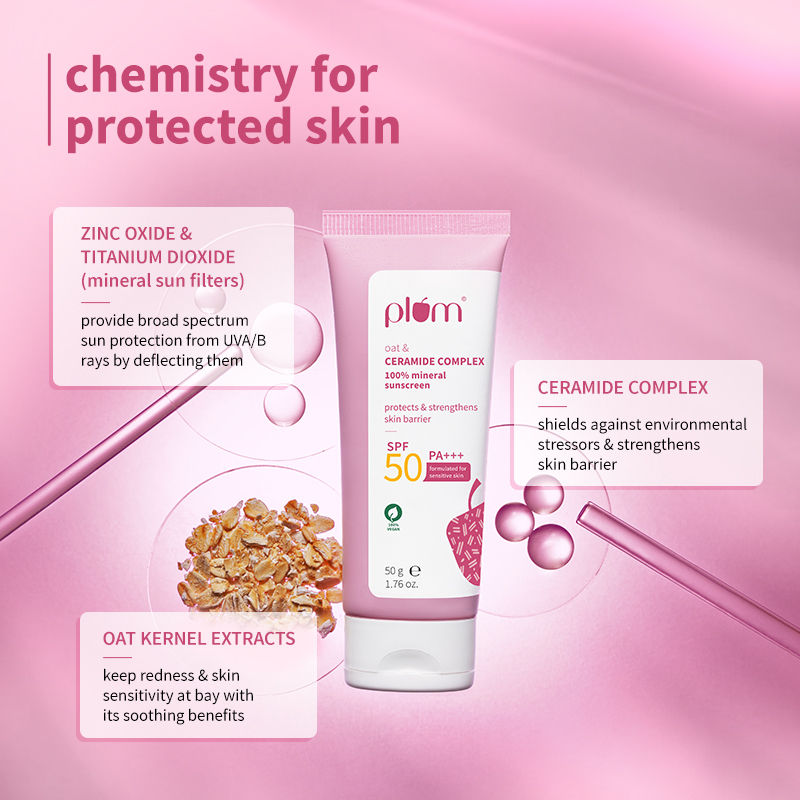 Plum Ceramide & Oat Mineral Sunscreen SPF 50 PA+++ Protects Skin Barrier, For Dry ToNormalSkin