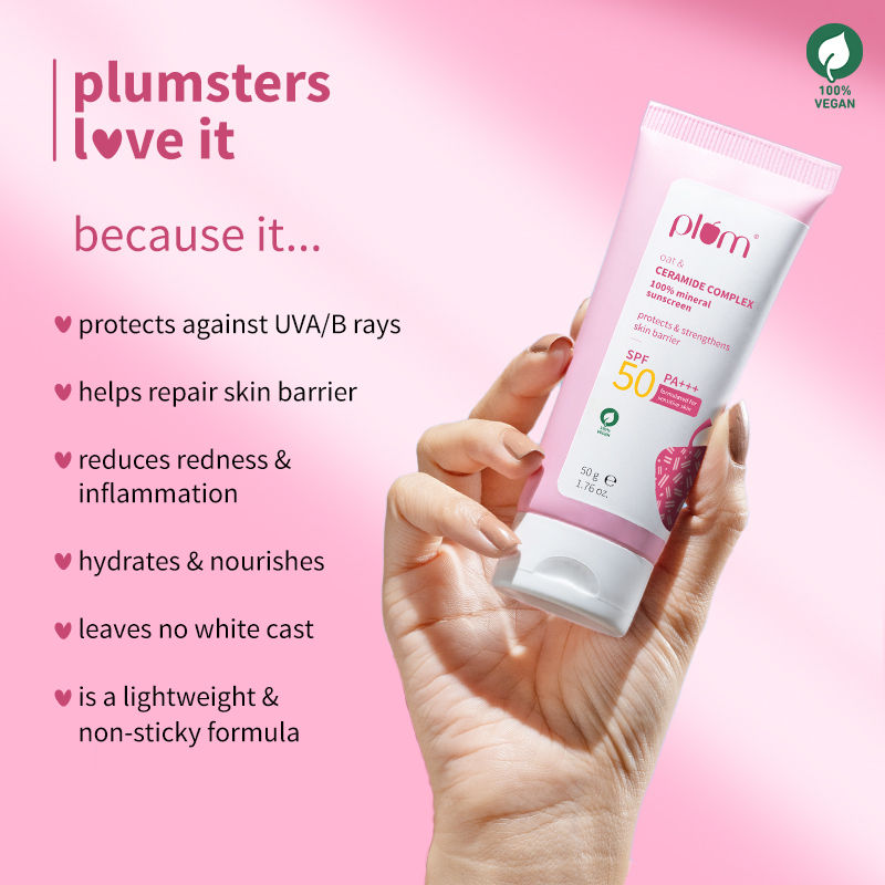 Plum Ceramide & Oat Mineral Sunscreen SPF 50 PA+++ Protects Skin Barrier, For Dry ToNormalSkin