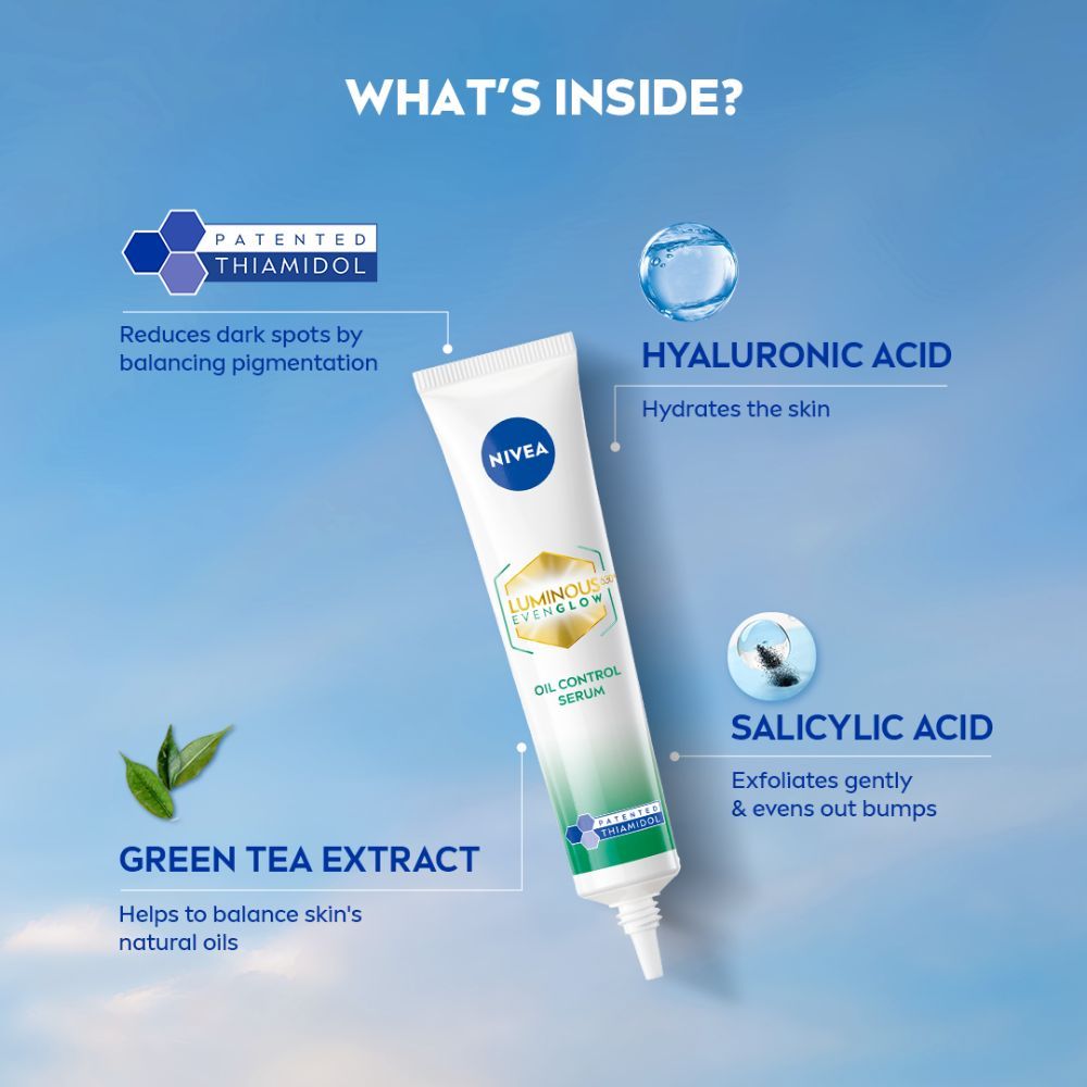 Nivea Luminous Even Glow Oil Control Serum Thiamidol, Salicylic, Hyaluronic Acid Reduces Dark Spot