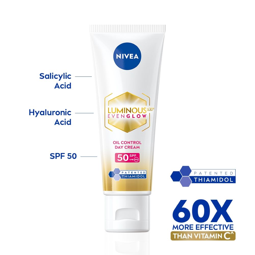 Nivea Luminous Even Glow Oil Control Day Cream Spf 50,Thiamidol Uv Protection & Reduces Dark Spots