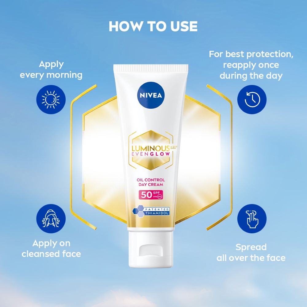 Nivea Luminous Even Glow Oil Control Day Cream Spf 50,Thiamidol Uv Protection & Reduces Dark Spots
