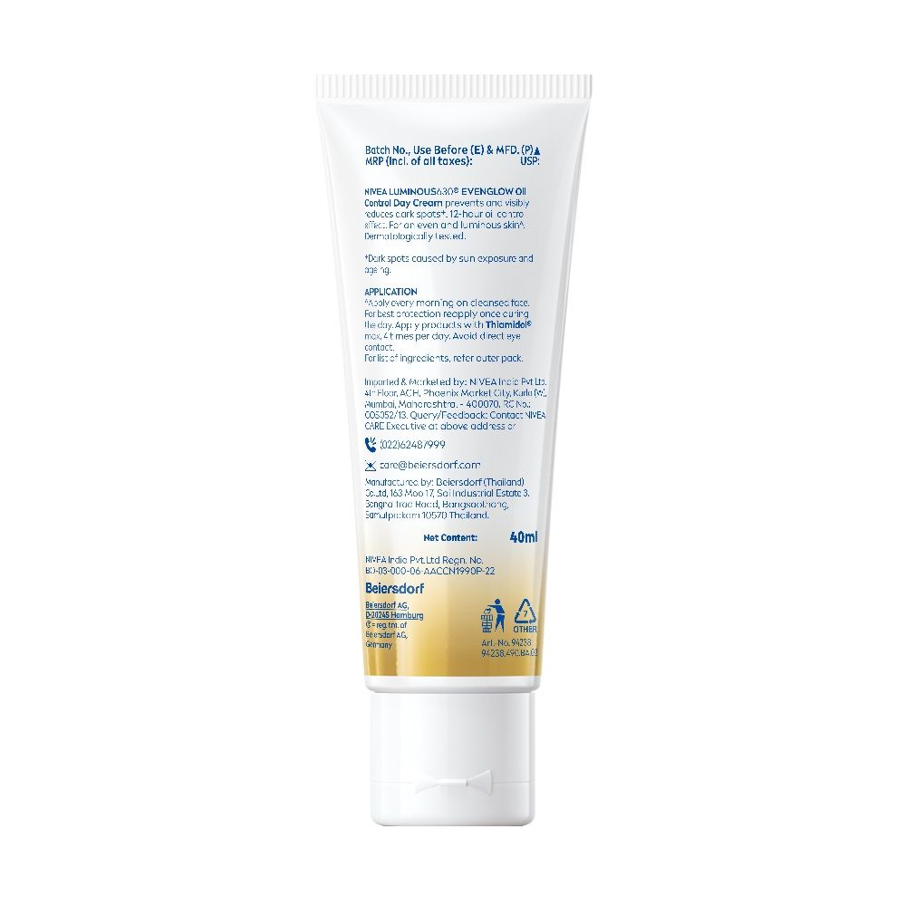 Nivea Luminous Even Glow Oil Control Day Cream Spf 50,Thiamidol Uv Protection & Reduces Dark Spots