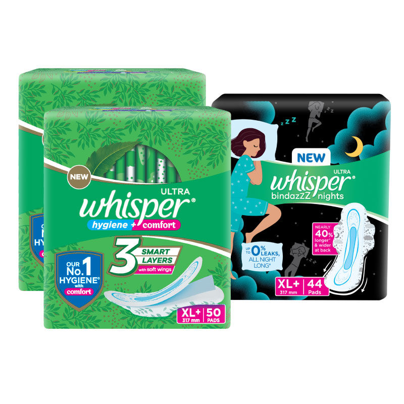 Whisper Day & Night Sanitary Pads with dry topsheet - 100 Ultra Clean XL+ 44 Bindazzz Night XL+ Pads