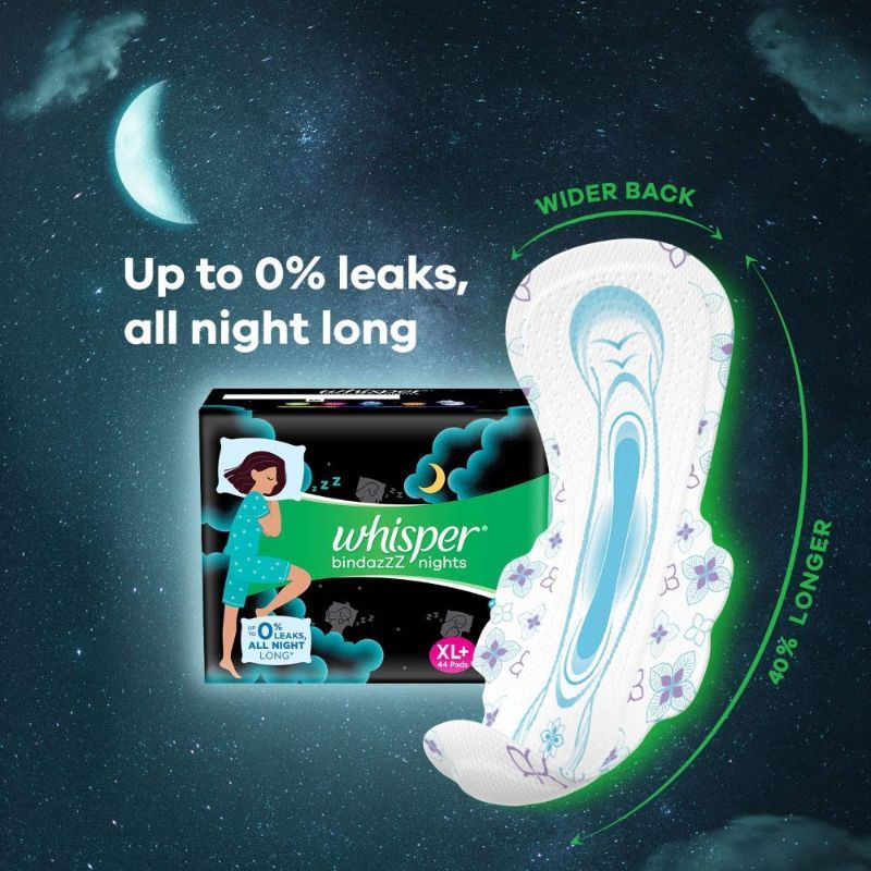 Whisper Day & Night Sanitary Pads with dry topsheet - 100 Ultra Clean XL+ 44 Bindazzz Night XL+ Pads