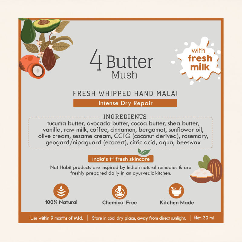 Nat Habit 4 Butter Mush Hand Malai - Shea,Tucuma,Avocado & Cocoa, Hand Moisturizer Cream - Dry Skin
