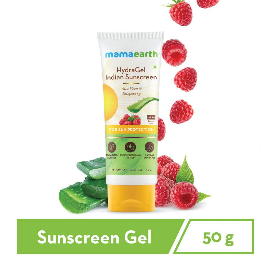 Mamaearth HydraGel Indian Sunscreen SPF 50, with Aloe Vera & Raspberry for Tan Protection