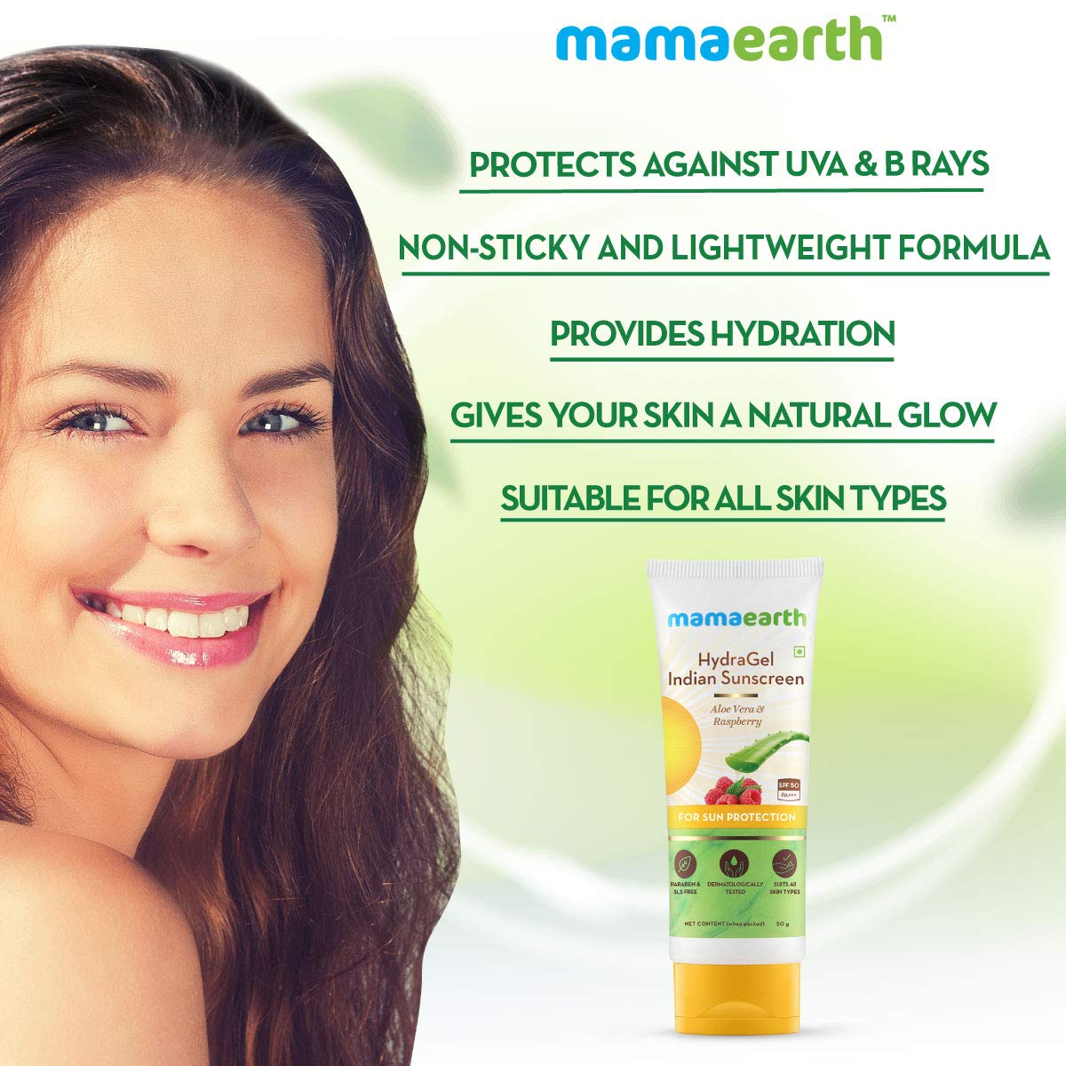 Mamaearth HydraGel Indian Sunscreen SPF 50, with Aloe Vera & Raspberry for Tan Protection