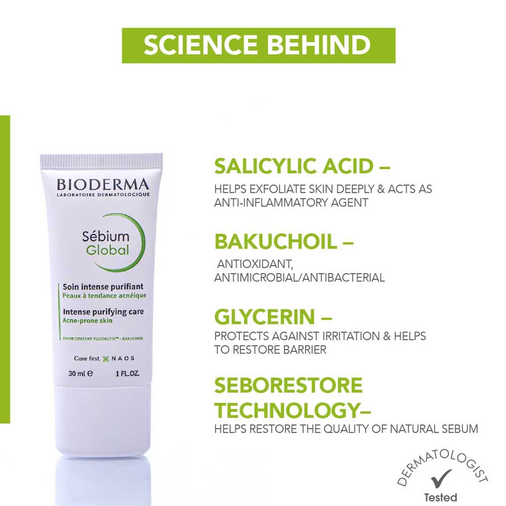 Bioderma Sebium Global Moisturizer For Oily Acne-Prone Skin - Reduces Spots & Blackheads
