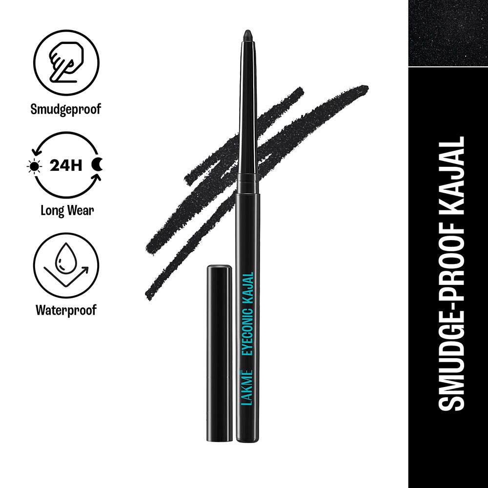 Lakme 9 to 5 Eyeconic Kajal, Waterproof, Smudgeproof, lasts 24 Hrs, Sparkling Black